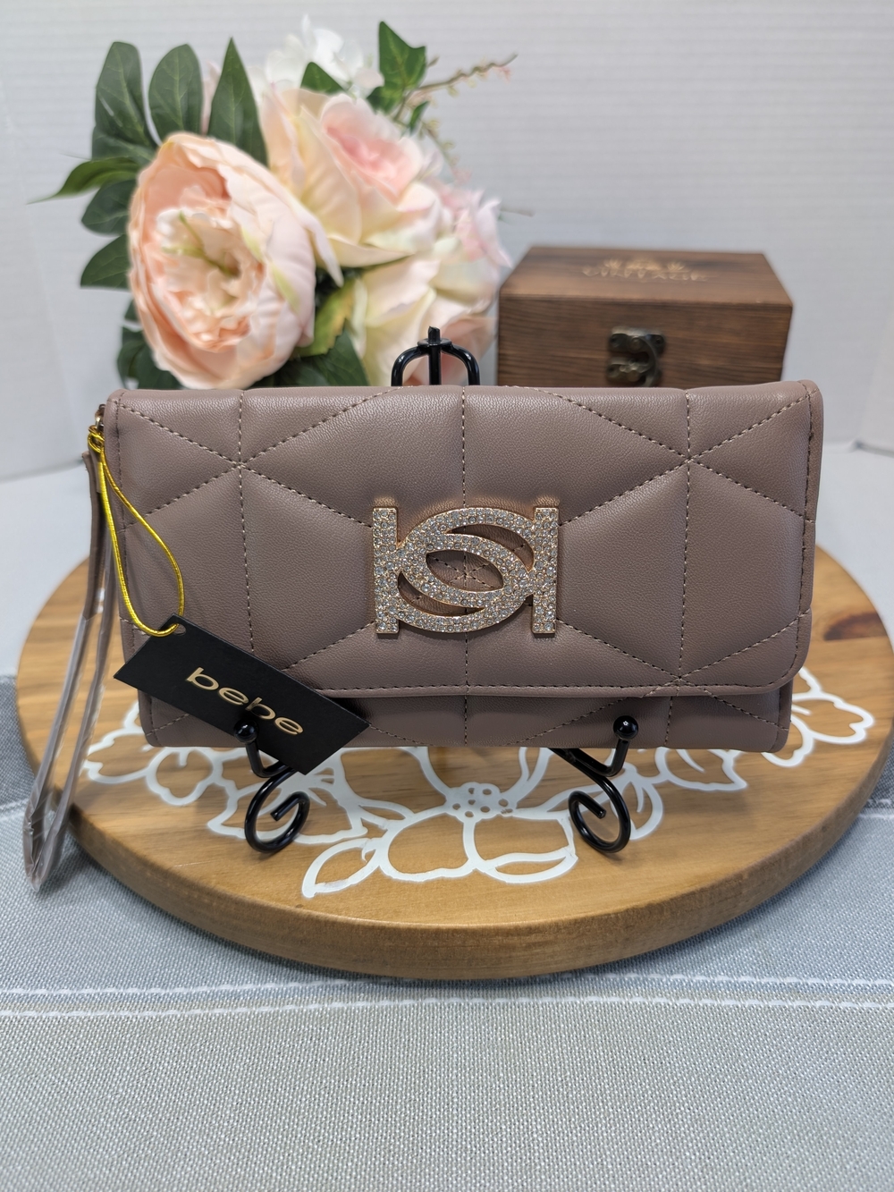 bebe Quilted Taupe Zaza Bling Trifold Wristlet